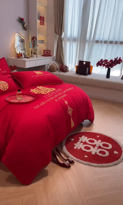 91家纺网 家纺一手货源 找家纺 欧乐蒂 2025新款亲肤棉刺绣婚庆四件套 今生今世