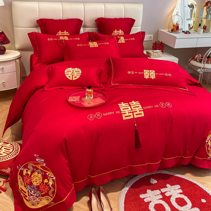 91家纺网 家纺一手货源 找家纺 欧乐蒂 2025新款亲肤棉刺绣婚庆四件套 喜结良缘