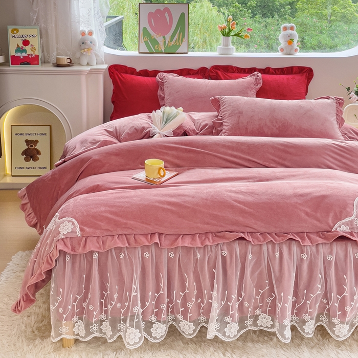 91家纺网 家纺一手货源 找家纺 （总）2024直播爆款韩版纯色花边牛奶绒婴儿绒床裙四件套 花香