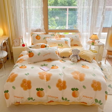 91家纺网 家纺一手货源 找家纺 慕澄家纺 2023新款小清新牛奶绒印花四件套 橙意满满