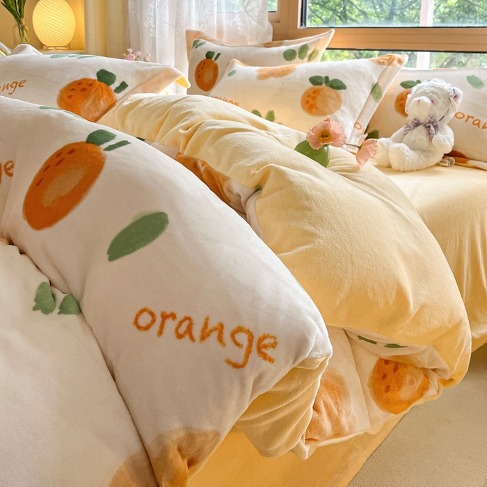 91家纺网 家纺一手货源 找家纺 慕澄家纺 2023新款小清新牛奶绒印花四件套 橙意满满