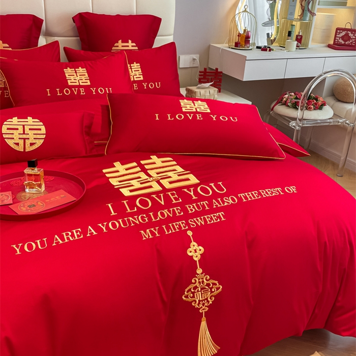 91家纺网 家纺一手货源 找家纺 欧乐蒂 2025新款亲肤棉刺绣婚庆四件套 今生今世