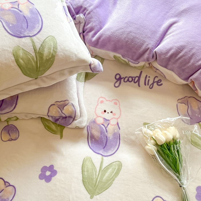 91家纺网 家纺一手货源 找家纺 慕澄家纺 2023新款小清新牛奶绒印花四件套 郁金香兔兔