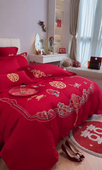 91家纺网 家纺一手货源 找家纺 欧乐蒂 2025新款亲肤棉刺绣婚庆四件套 百子呈祥