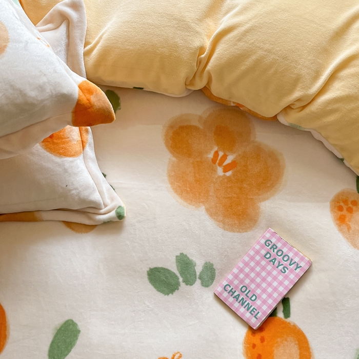 91家纺网 家纺一手货源 找家纺 慕澄家纺 2023新款小清新牛奶绒印花四件套 橙意满满