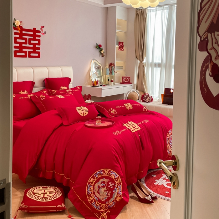 91家纺网 家纺一手货源 找家纺 欧乐蒂 2025新款亲肤棉刺绣婚庆四件套 龙凤呈祥