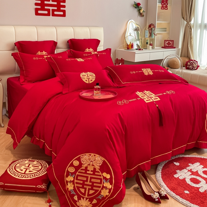 91家纺网 家纺一手货源 找家纺 欧乐蒂 2025新款亲肤棉刺绣婚庆四件套 早生贵子