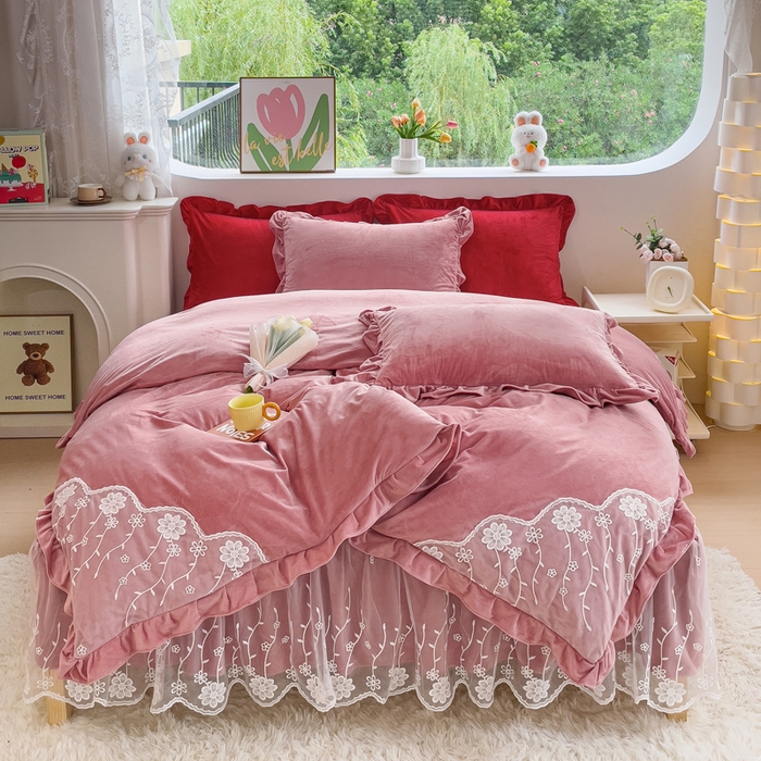 91家纺网 家纺一手货源 找家纺 （总）2024直播爆款韩版纯色花边牛奶绒婴儿绒床裙四件套 花香