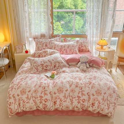 慕澄家纺 2023新款小清新牛奶绒印花四件套 素锦