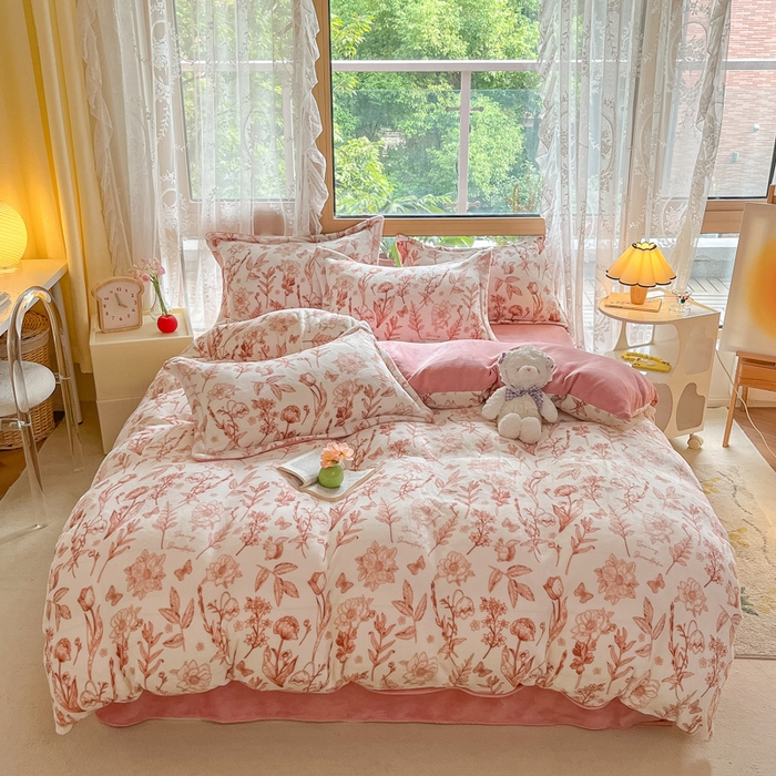 91家纺网 家纺一手货源 找家纺 慕澄家纺 2023新款小清新牛奶绒印花四件套 素锦