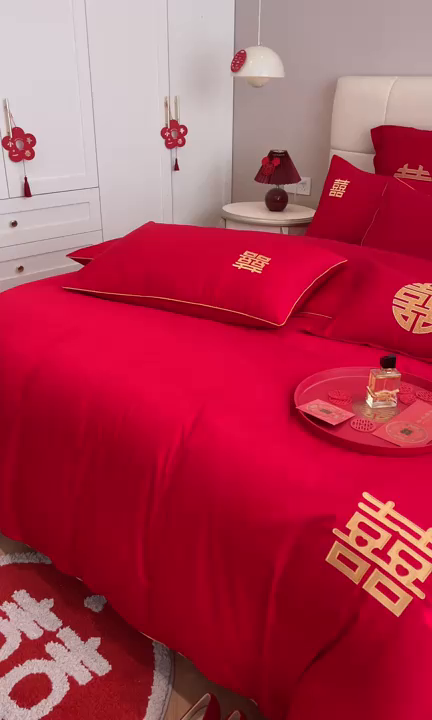 91家纺网 家纺一手货源 找家纺 欧乐蒂 2025新款亲肤棉刺绣婚庆四件套 双喜