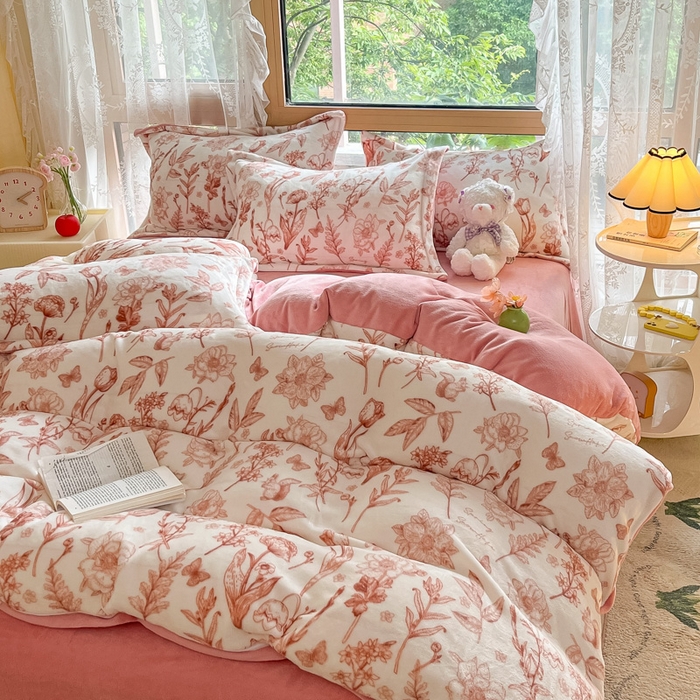 91家纺网 家纺一手货源 找家纺 慕澄家纺 2023新款小清新牛奶绒印花四件套 素锦