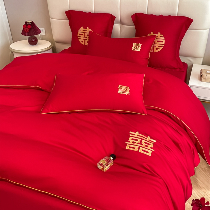 91家纺网 家纺一手货源 找家纺 欧乐蒂 2025新款亲肤棉刺绣婚庆四件套 双喜