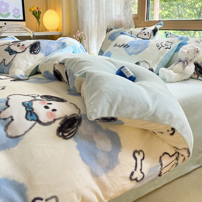 91家纺网 家纺一手货源 找家纺 慕澄家纺 2023新款小清新牛奶绒印花四件套 趣味狗