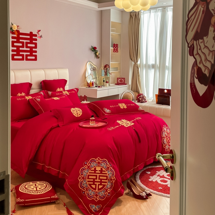 91家纺网 家纺一手货源 找家纺 欧乐蒂 2025新款亲肤棉刺绣婚庆四件套 吾家有喜