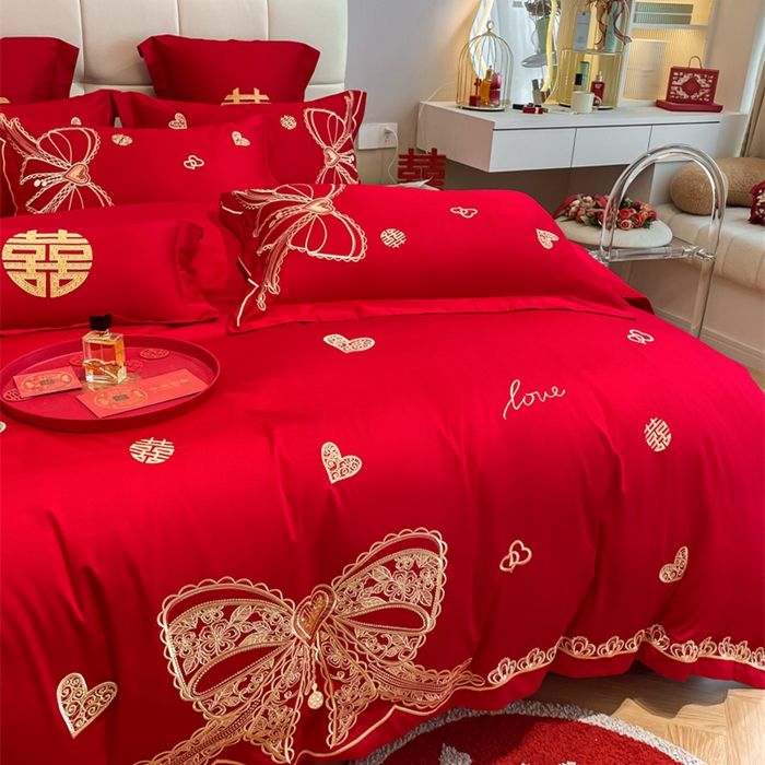 91家纺网 家纺一手货源 找家纺 欧乐蒂 2025新款亲肤棉刺绣婚庆四件套 一见倾心