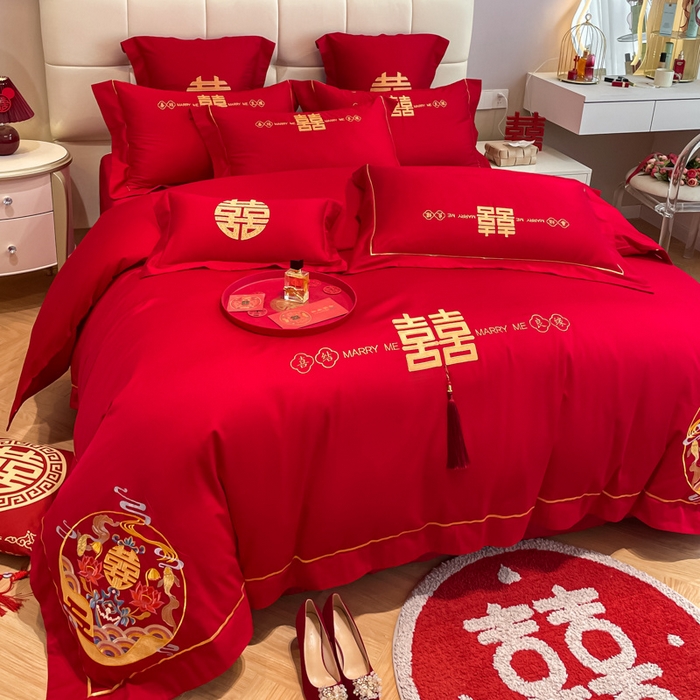 91家纺网 家纺一手货源 找家纺 欧乐蒂 2025新款亲肤棉刺绣婚庆四件套 喜结良缘