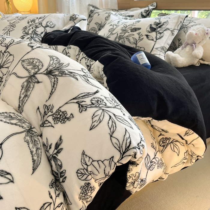 91家纺网 家纺一手货源 找家纺 慕澄家纺 2023新款小清新牛奶绒印花四件套 黑白配