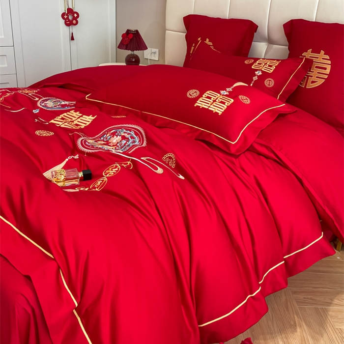 91家纺网 家纺一手货源 找家纺 欧乐蒂 2025新款亲肤棉刺绣婚庆四件套 龙凤情缘