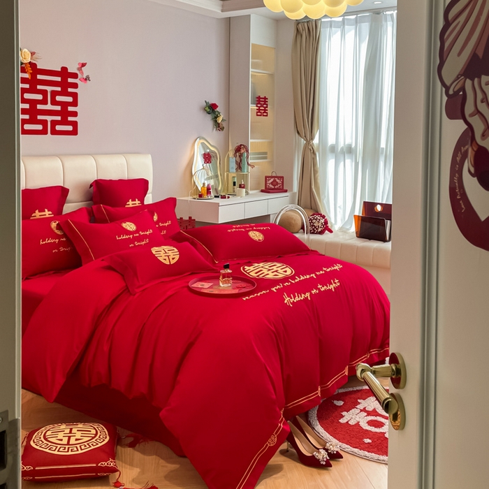 91家纺网 家纺一手货源 找家纺 欧乐蒂 2025新款亲肤棉刺绣婚庆四件套 甜蜜