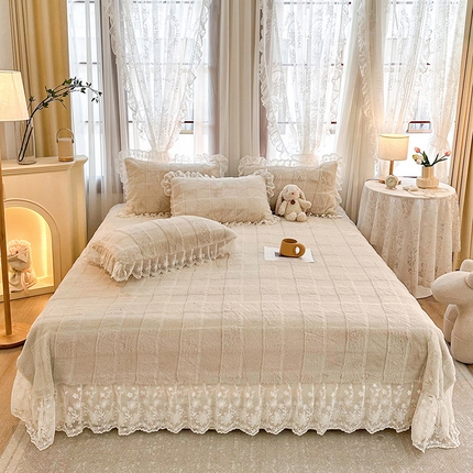 91家纺网 家纺一手货源 找家纺 宜凡家纺 2023新款宜凡-高克重兔绒牛奶绒床盖三件套 方格纹-驼色