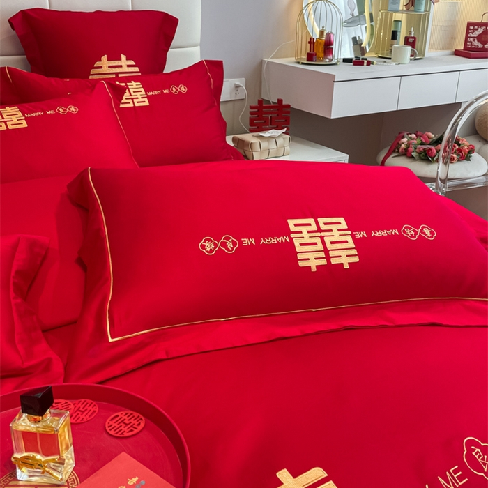 91家纺网 家纺一手货源 找家纺 欧乐蒂 2025新款亲肤棉刺绣婚庆四件套 喜结良缘