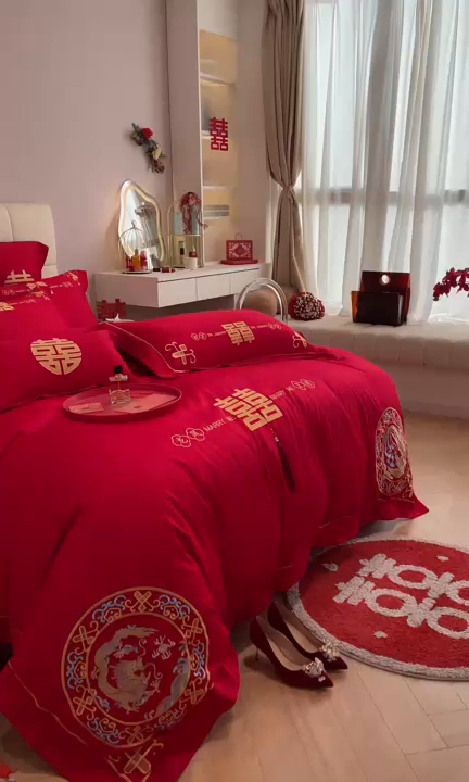 91家纺网 家纺一手货源 找家纺 欧乐蒂 2025新款亲肤棉刺绣婚庆四件套 龙凤呈祥