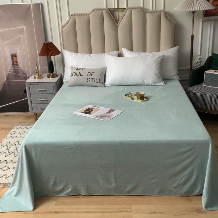 91家纺网 家纺一手货源 找家纺 甜之梦 2025牛奶绒纯色拼色单品四件套床单（可定制尺寸）嫩绿