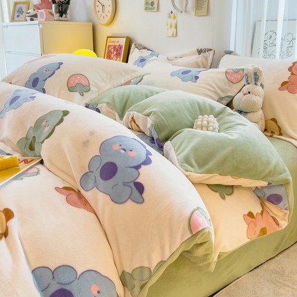 全季家居2023新款小清新A类高克重加厚印花牛奶绒四件套 恐龙世家