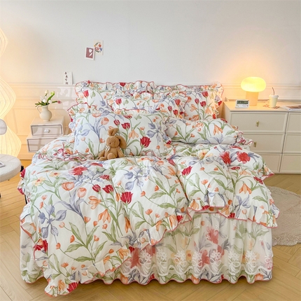 91家纺网 家纺一手货源 找家纺 （总）宜凡家纺 2023新款全棉印花单层床裙四件套