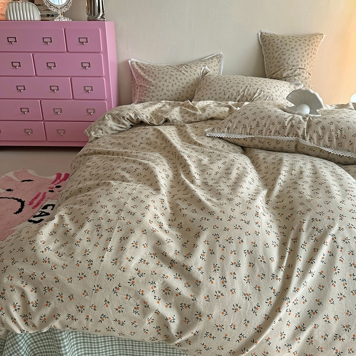 91家纺网 家纺一手货源 找家纺 千朵 2023新款全棉水洗带边四件套 小棕花