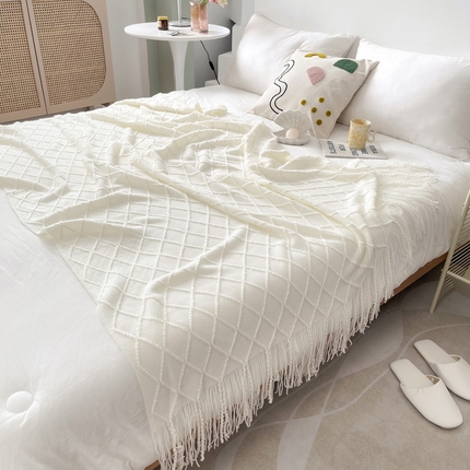 91家纺网 家纺一手货源 找家纺 （总）朴尔家纺 2023新款菱形格条纹流苏手工针织毯