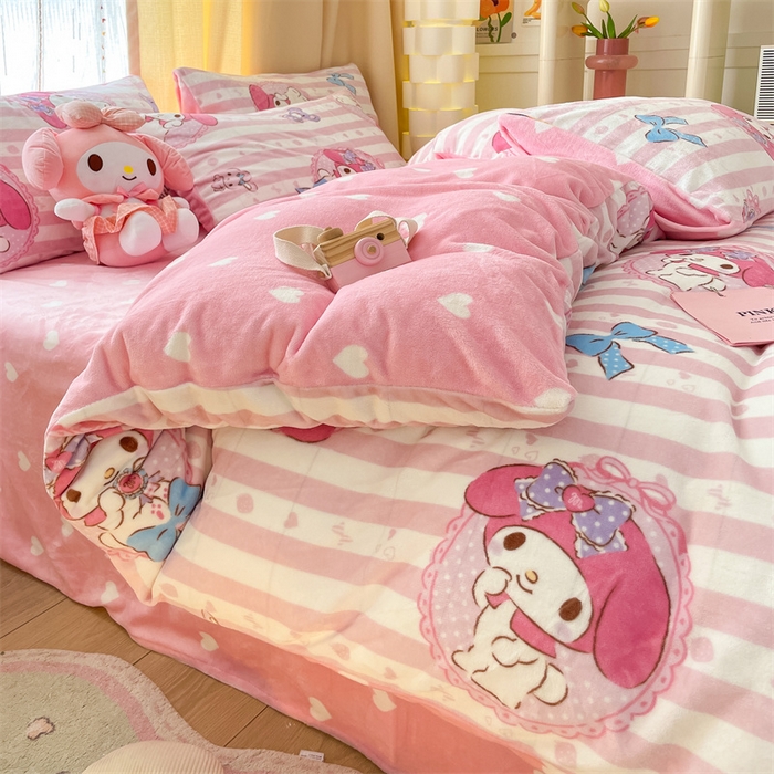 91家纺网 家纺一手货源 找家纺 博雅 2023新款三丽鸥正版授权卡通加厚牛奶绒系列四件套 甜甜美乐蒂