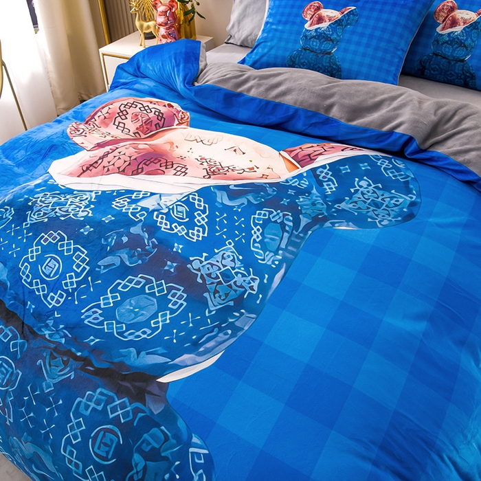 91家纺网 家纺一手货源 找家纺 爵仕家纺 2023新款暴力熊牛奶绒系列四件套 格子熊