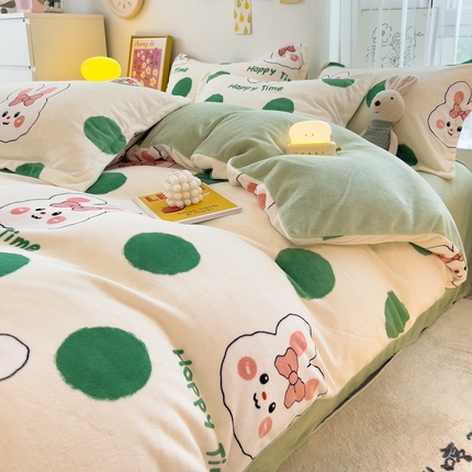 全季家居2023新款小清新A类高克重加厚印花牛奶绒四件套 点点兔