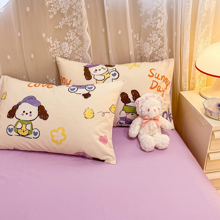 91家纺网 家纺一手货源 找家纺 小懒猪 2024春夏新款全棉卡通印花四件套 幸运小狗