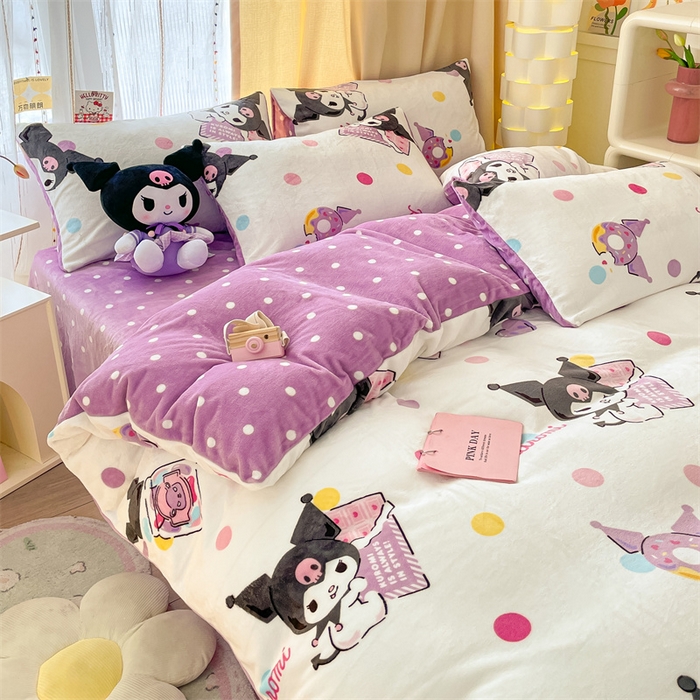91家纺网 家纺一手货源 找家纺 博雅 2023新款三丽鸥正版授权卡通加厚牛奶绒系列四件套 甜圈库洛米