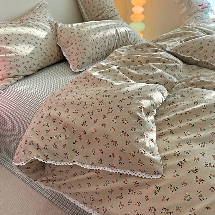 91家纺网 家纺一手货源 找家纺 千朵 2023新款全棉水洗带边四件套 小棕花