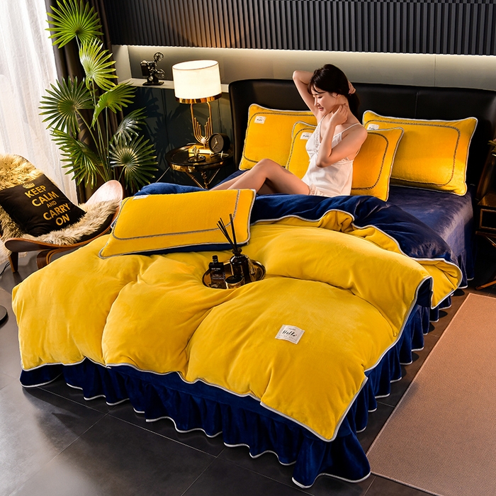 91家纺网 家纺一手货源 找家纺 畅畅家纺 2023新款纯色8.5斤9斤牛奶绒法莱绒宝宝金貂绒四件套 柠檬黄+深蓝