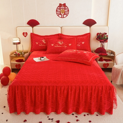 宜凡家纺 2023秋冬新品婴儿绒婚庆床裙三件套 欢愉