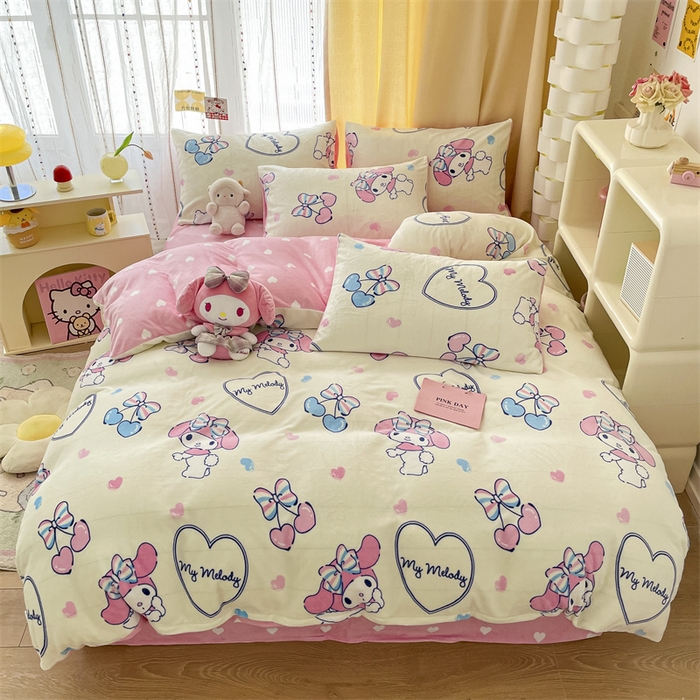 91家纺网 家纺一手货源 找家纺 博雅 2023新款三丽鸥正版授权卡通加厚牛奶绒系列四件套 樱桃美乐蒂
