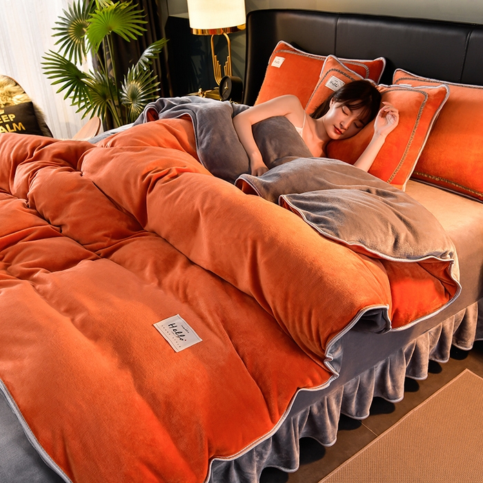 91家纺网 家纺一手货源 找家纺 畅畅家纺 2023新款纯色8.5斤9斤牛奶绒法莱绒宝宝金貂绒四件套 桔色+深灰