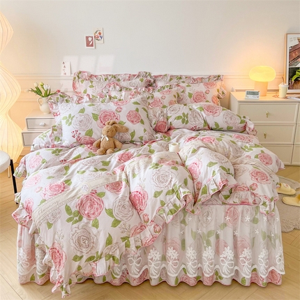 91家纺网 家纺一手货源 找家纺 （总）宜凡家纺 2023新款全棉印花单层床裙四件套