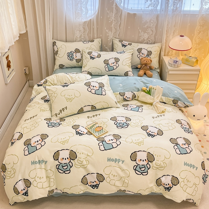 91家纺网 家纺一手货源 找家纺 小懒猪 2024春夏新款全棉卡通印花四件套 班尼狗