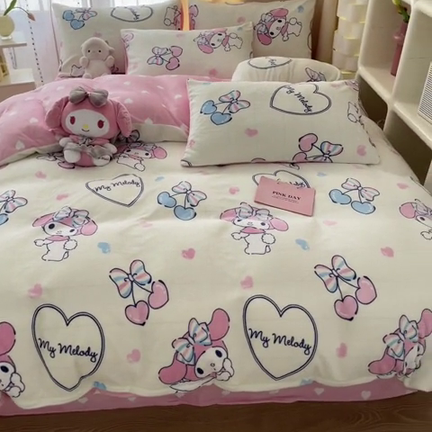 91家纺网 家纺一手货源 找家纺 博雅 2023新款三丽鸥正版授权卡通加厚牛奶绒系列四件套 樱桃美乐蒂