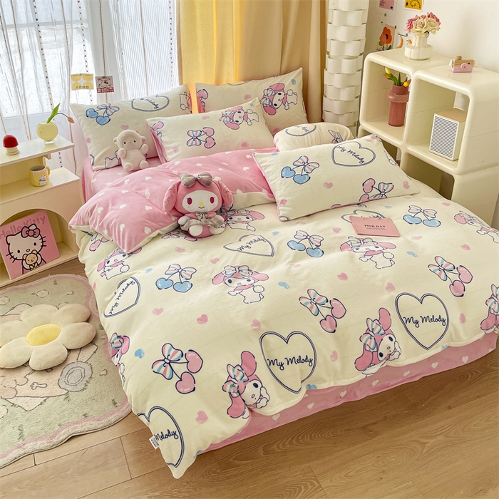 91家纺网 家纺一手货源 找家纺 博雅 2023新款三丽鸥正版授权卡通加厚牛奶绒系列四件套 樱桃美乐蒂