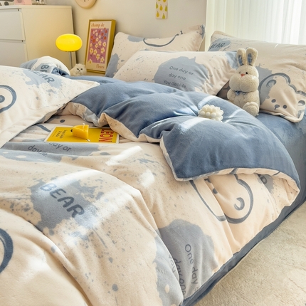 全季家居2023新款小清新A类高克重加厚印花牛奶绒四件套 开心熊-蓝