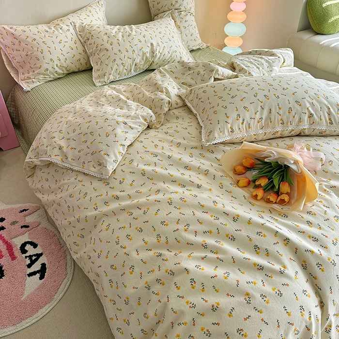 91家纺网 家纺一手货源 找家纺 千朵 2023新款全棉水洗带边四件套 小芳草