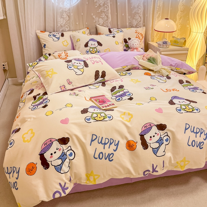 91家纺网 家纺一手货源 找家纺 小懒猪 2024春夏新款全棉卡通印花四件套 幸运小狗