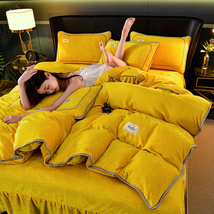 91家纺网 家纺一手货源 找家纺 畅畅家纺 2023新款纯色8.5斤9斤牛奶绒法莱绒宝宝金貂绒四件套 黄色